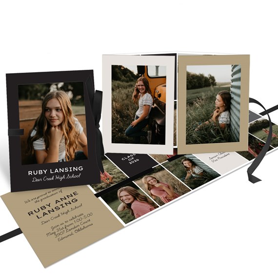 graduation announcement with photo placeholders, black and gold design