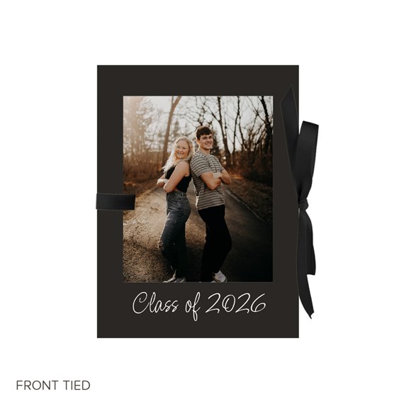 graduation invitation with photo placeholder, black ribbon, and text area