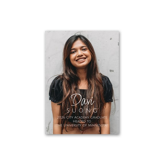 photo placeholder with text overlay for graduation details