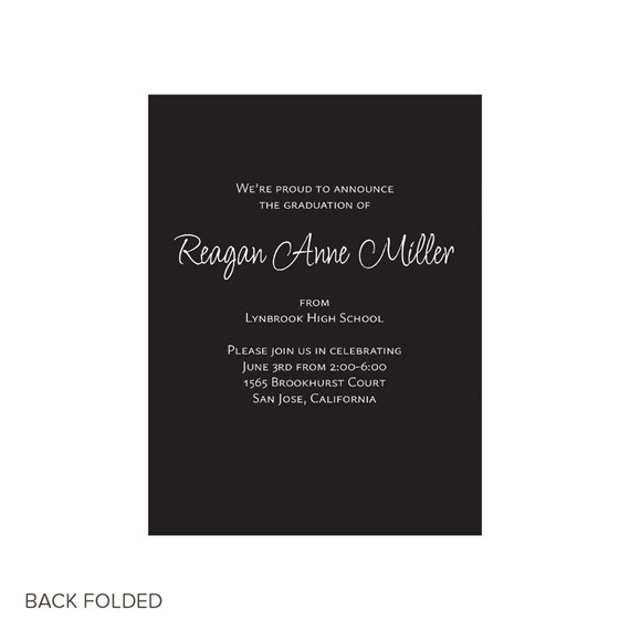 black graduation announcement card with white text and photo placeholder