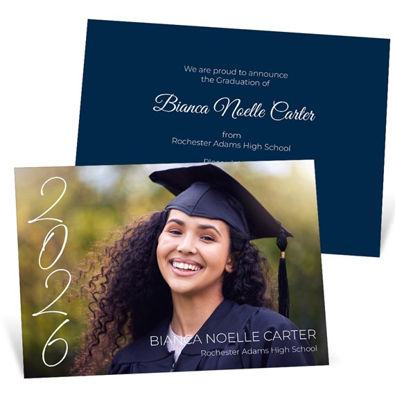 graduation invitation with photo area and navy blue back