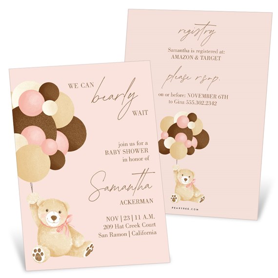 baby shower invitation with teddy bear and balloons