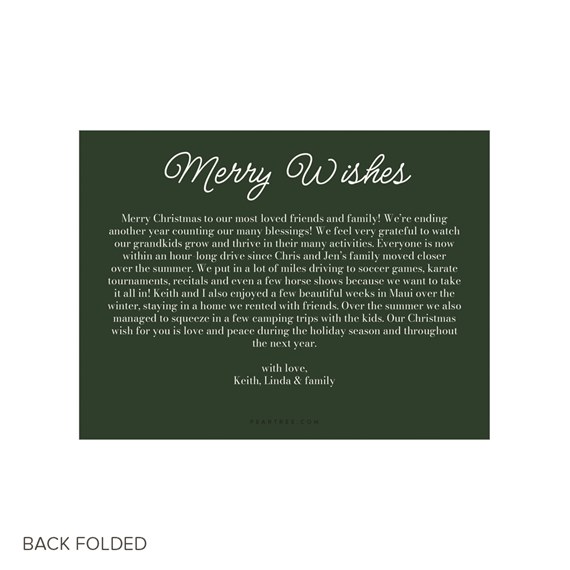 dark green Christmas card with decorative text and message