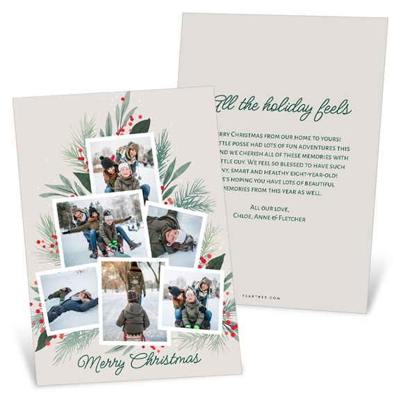 Christmas card with photo placeholders, green leaves, red berries, and text