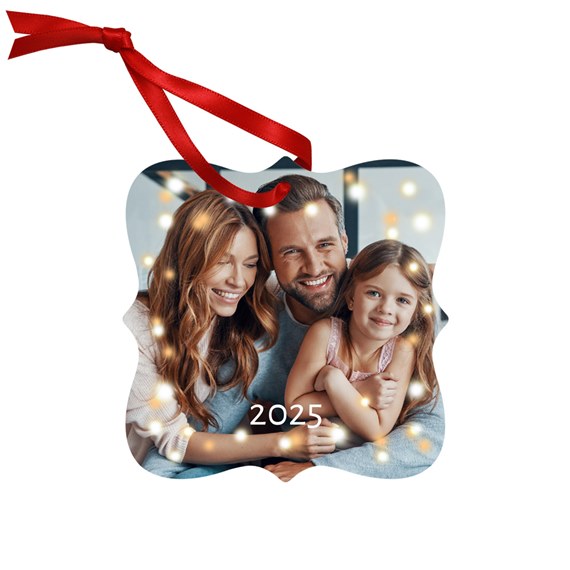 metal ornament with photo area and twinkling lights