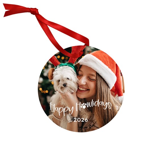 round ornament with red ribbon and customizable text area