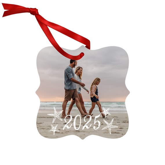 beach holiday ornament with photo area and year 2025