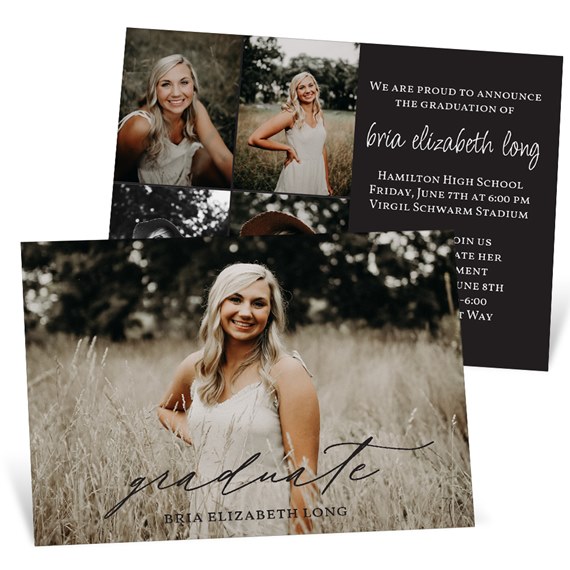 graduation invitation with photo collage and script text