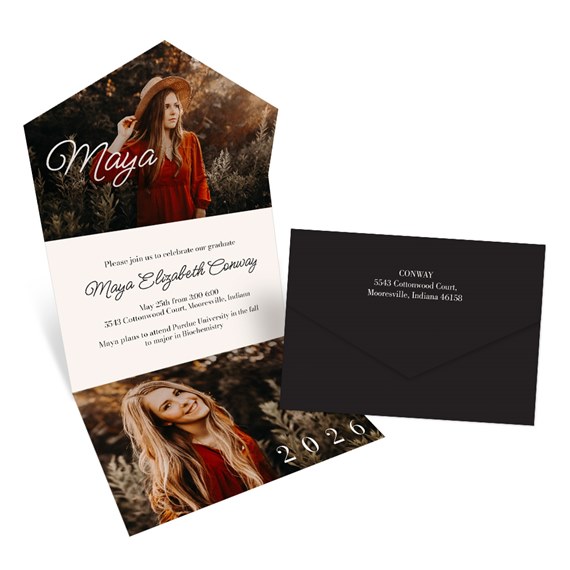 graduation announcement with photo area and black envelope