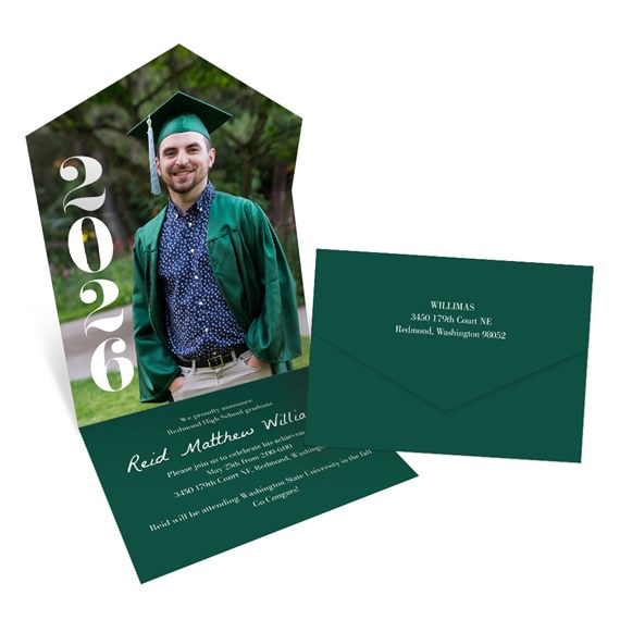 graduation invitation with customizable photo area and green envelope