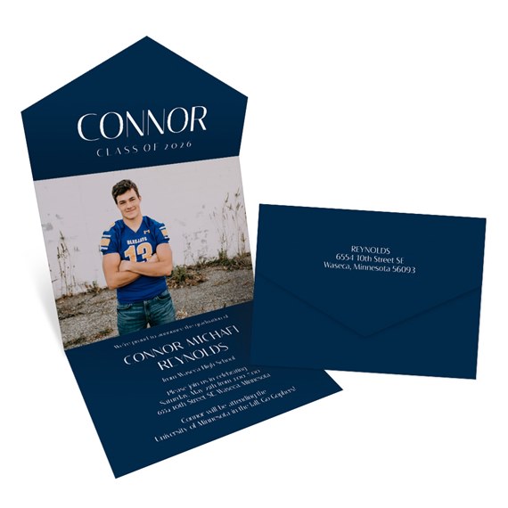 graduation invitation with photo area and navy blue envelope