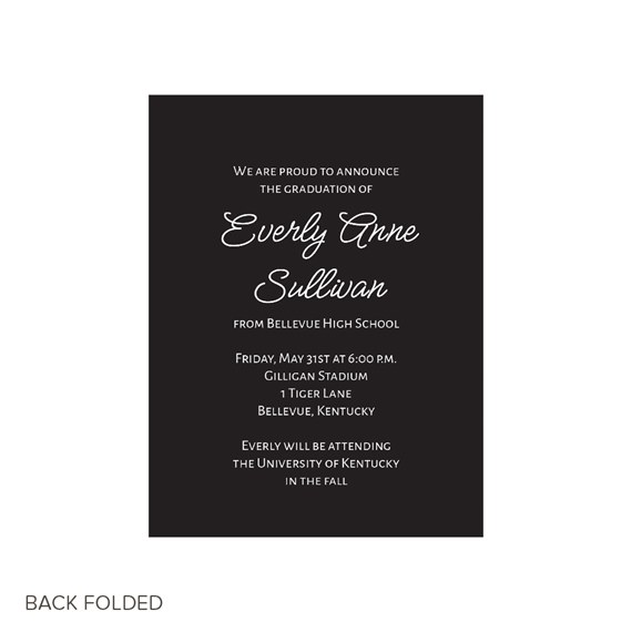 black graduation invitation with white text