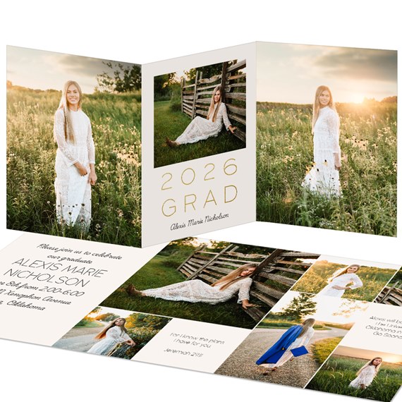 graduation invitation with photo placeholders and gold text