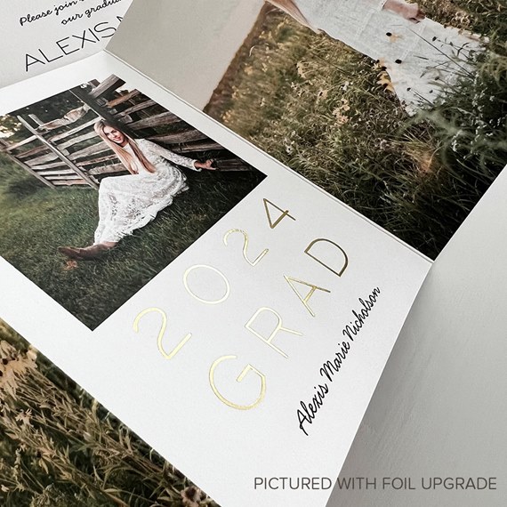 graduation invitation with photo placeholder, gold foil text