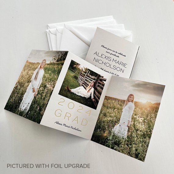 graduation invitation with photo areas and gold text