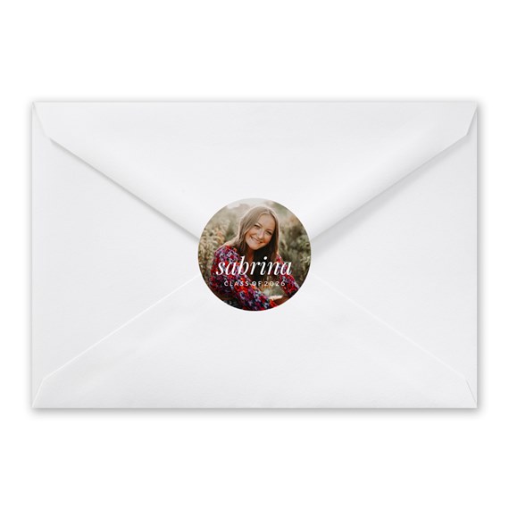 white envelope with photo placeholder and text area