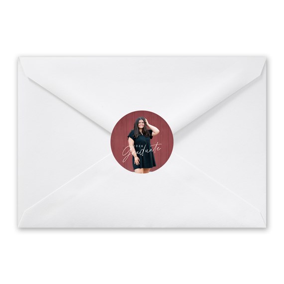 white envelope with photo placeholder and printed text