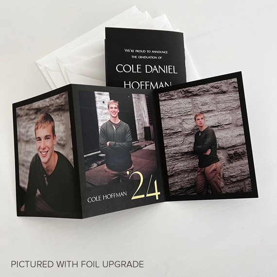 tri-fold graduation announcement with photo placeholders and customizable text area