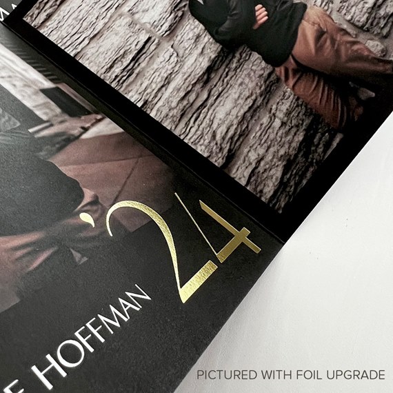 black graduation announcement with gold foil elements and photo area