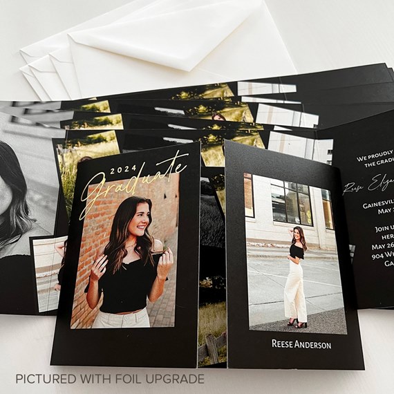 black graduation announcement with photo area and gold text