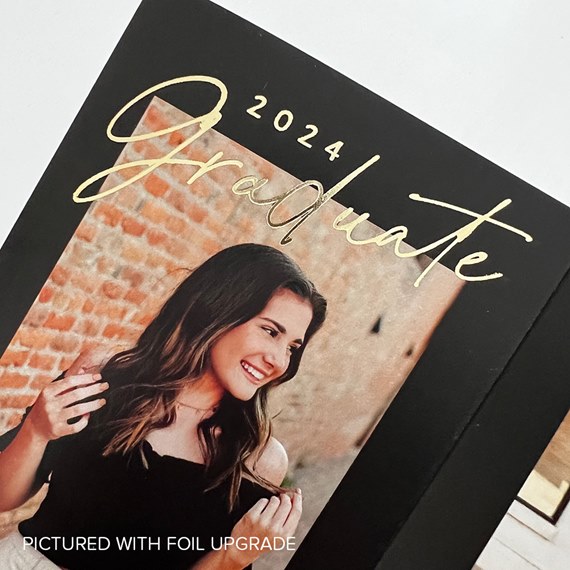 graduation announcement with photo area and gold foil text