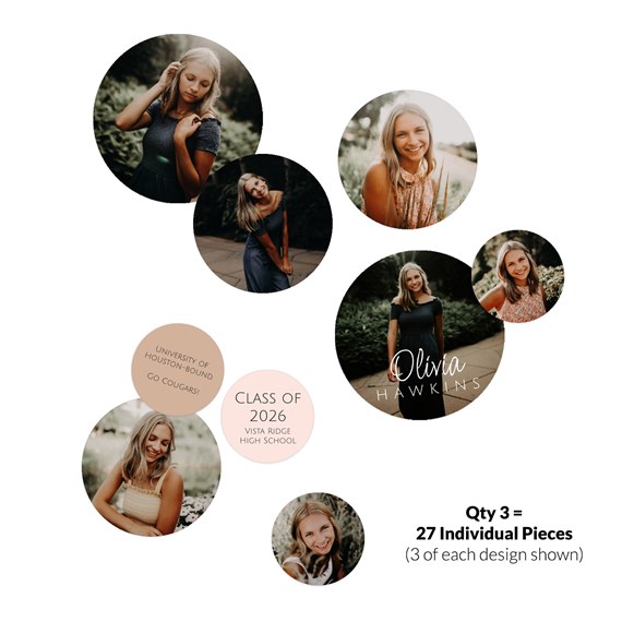 multiple circular photo placeholders with text elements