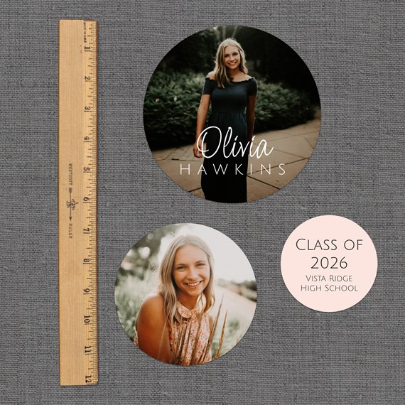 two photo placeholders with script font name and class information