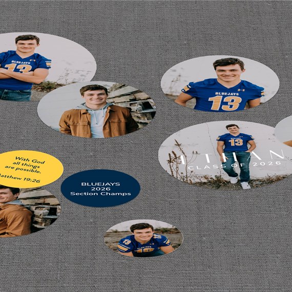 multiple photo placeholders and colored text on a textured gray background