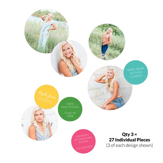 colorful table confetti with circular photo placeholders and text areas