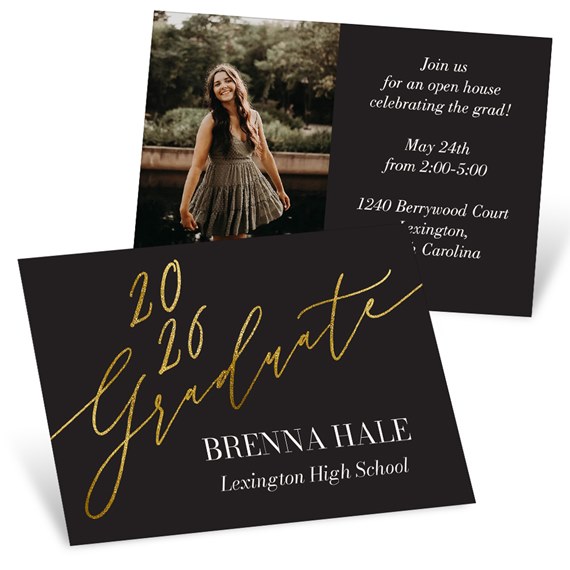 black graduation announcement with gold text