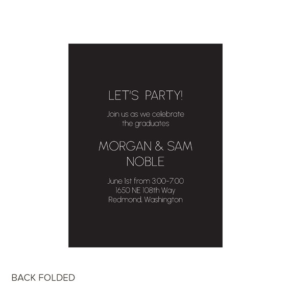 black graduation invitation with white text