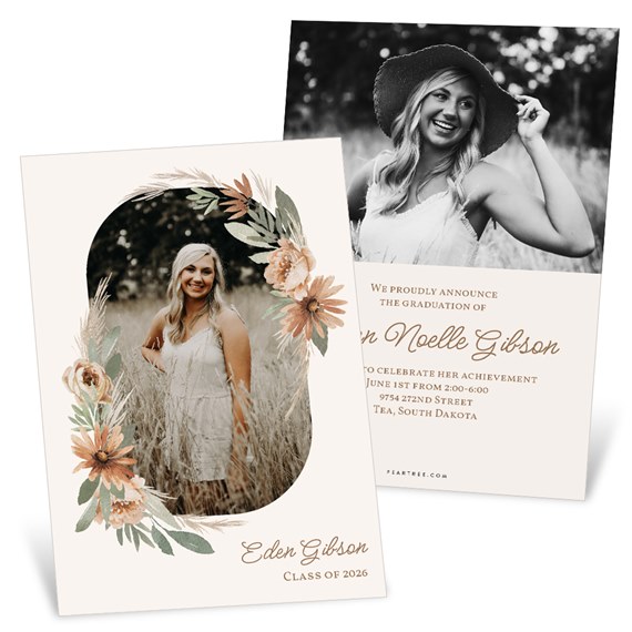 graduation announcement with photo area and floral design