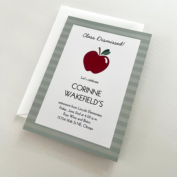retirement party invitation with apple graphic and striped border