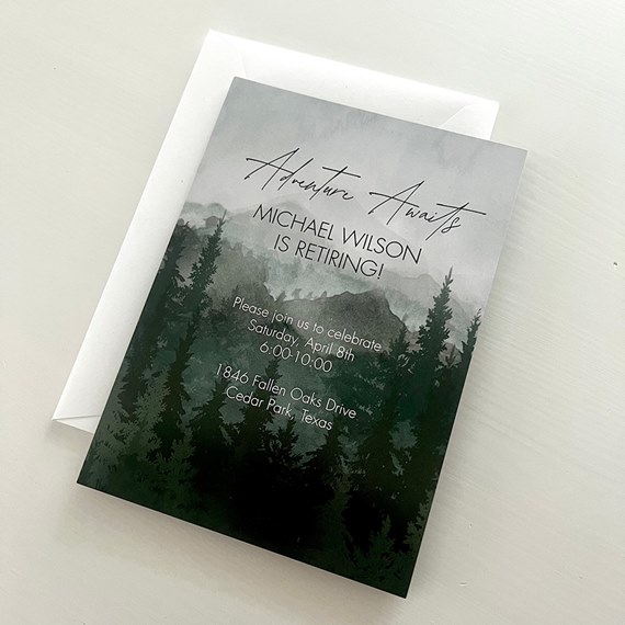 invitation with mountain landscape and evergreen trees