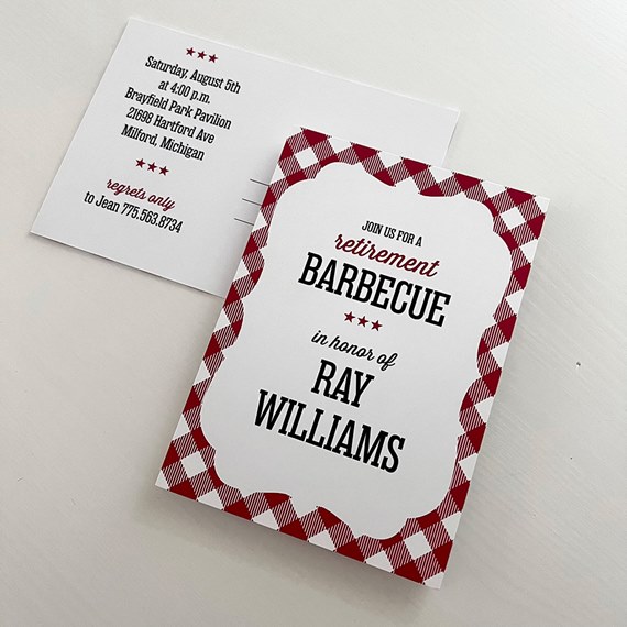 retirement barbecue postcard with checkered border and text