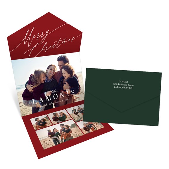 Christmas card with photo placeholders and green envelope