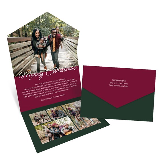 hexagonal christmas card with photo placeholders and green envelope