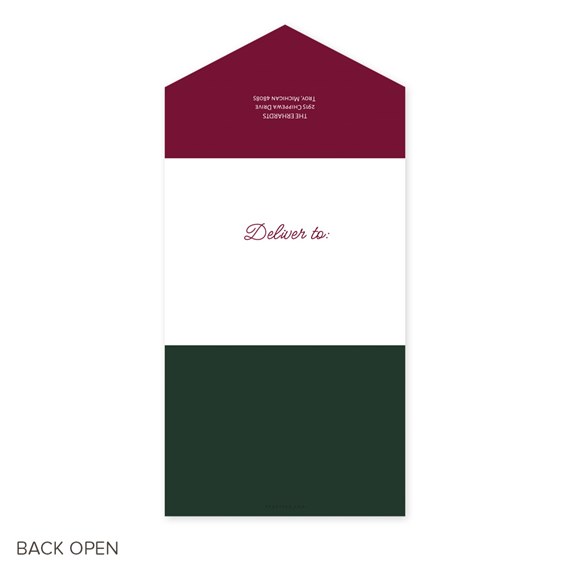 Christmas card design with maroon top, white middle, green bottom