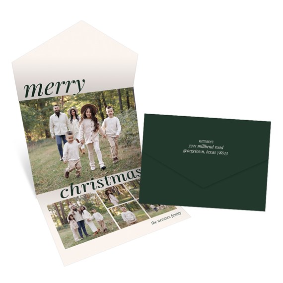 split greeting card with photo collage and dark green envelope