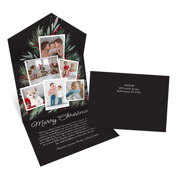 black Christmas card with photo placeholders and envelope
