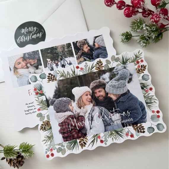 Christmas card with photo placeholder and festive wreath design