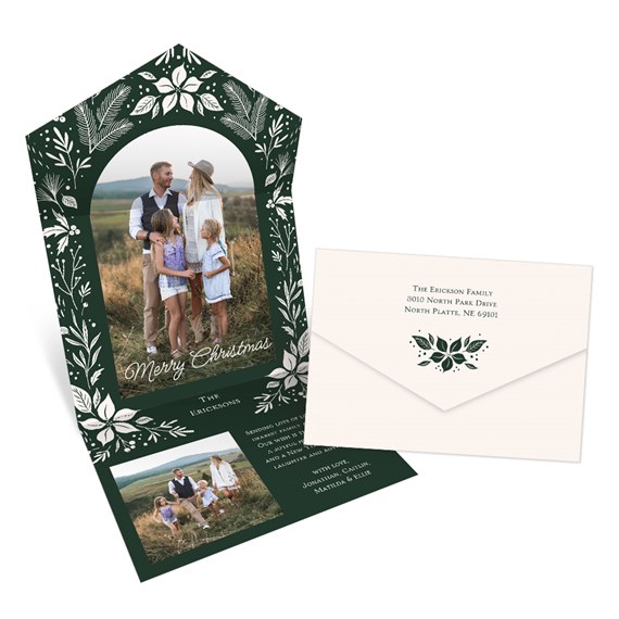 hexagonal christmas card with floral design and photo placeholders