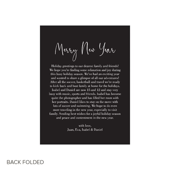 black holiday card with white text