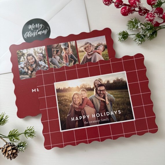 festive plaid Christmas card with photo area