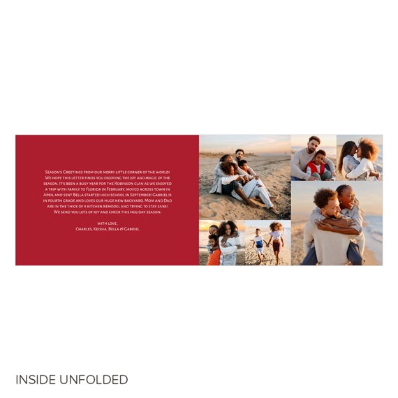 holiday card with photo placeholders and red background
