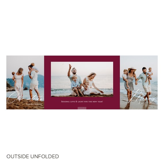 tri-fold card with photo placeholders and burgundy background