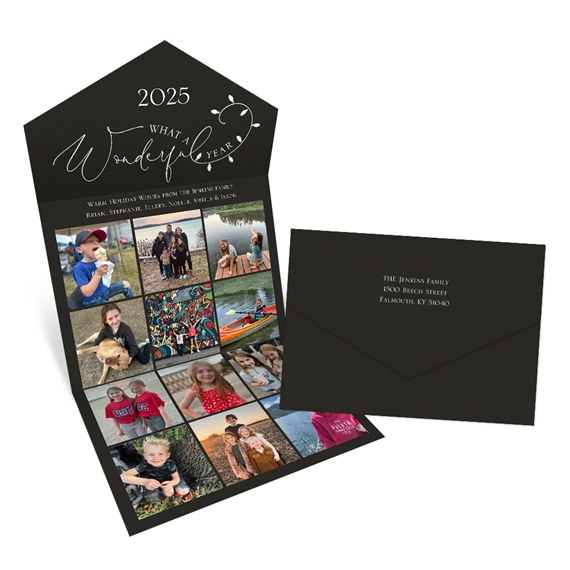 black Christmas card with photo placeholders and envelope
