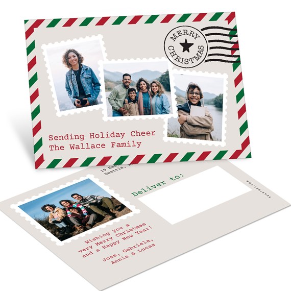 holiday postcard with photo placeholders and festive design