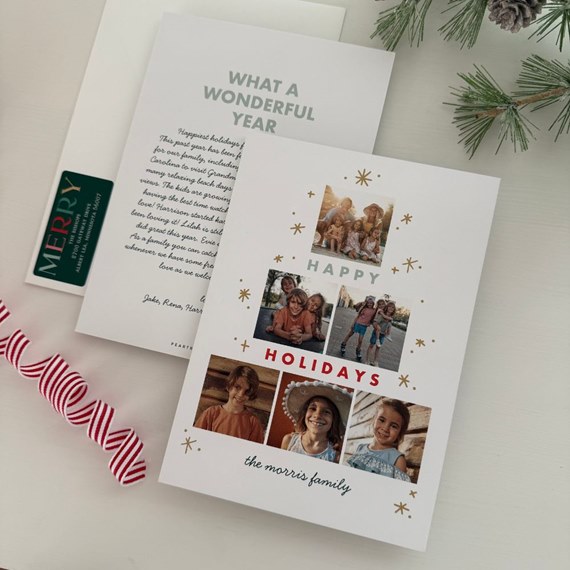 holiday card with photo placeholders and decorative text