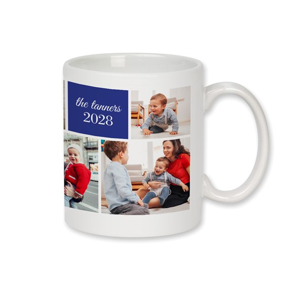 collage photo mug with navy blue text area